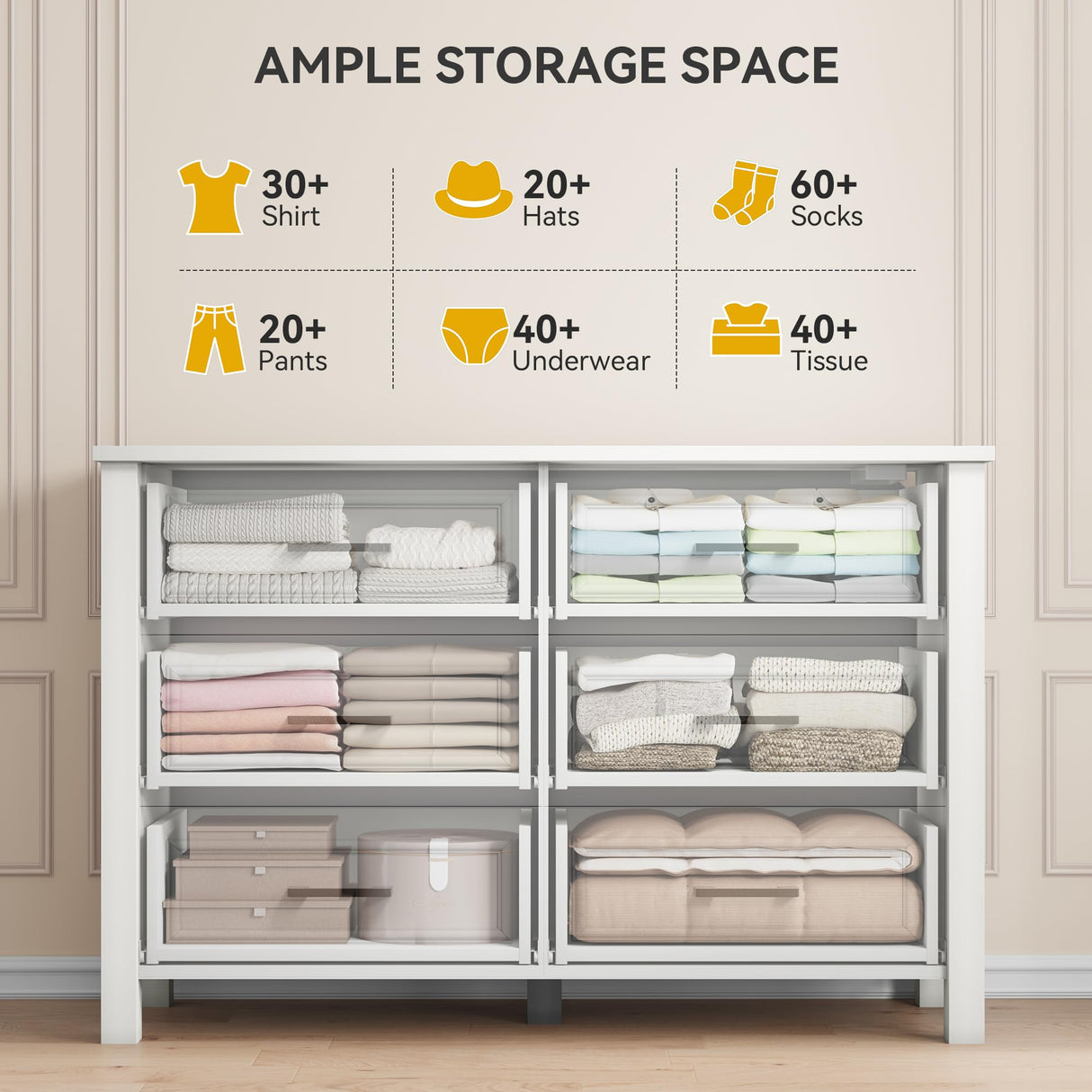 DWVO Farmhouse Wooden Dresser TV Stand with Power Outlet, 6-Drawer Dresser with Large Storage Drawers and Bar Handles, Ideal for Bedroom, Living Room, Hallway, 47.2" x 15.7" x 33.4" - White DWVO