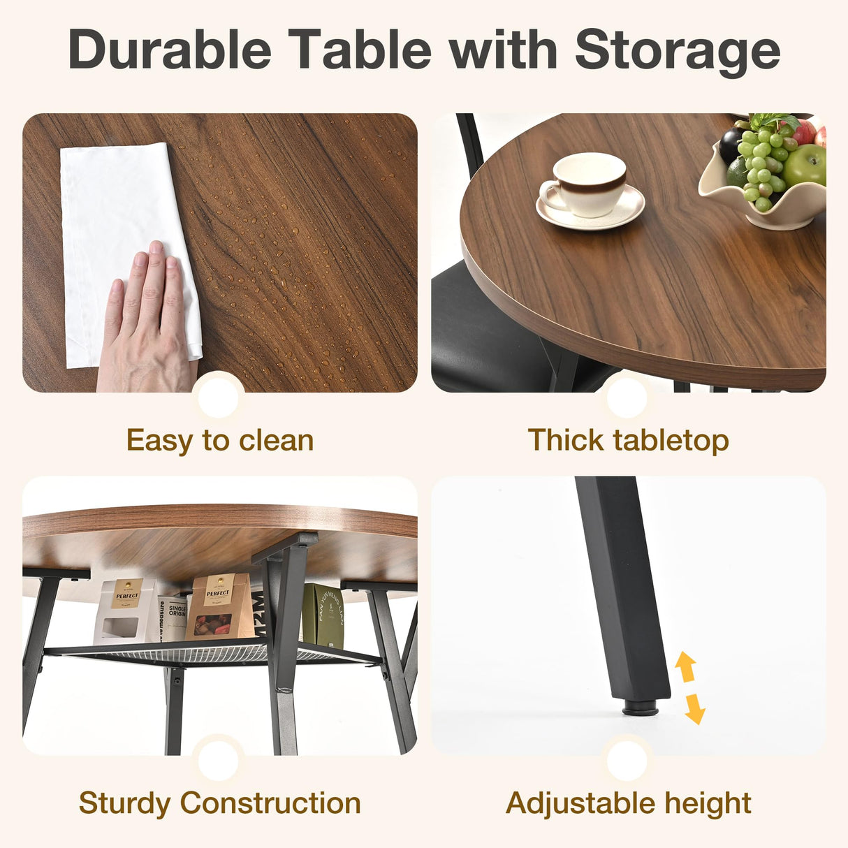 Pamapic Round Dining Table Set for 4, Kitchen Table and Chairs for 4, Dining Room Circle Dinner Pedestal Table, Solid Metal Frame,Space Saving Wood Kitchen & Dining Room Furniture,Walnut Pamapic