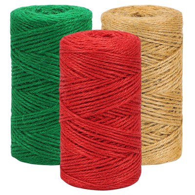 Vivifying Christmas Twine, 328 Feet x 3 Rolls 2mm Red Green Brown Jute Twine for Gift Wrapping and DIY Crafts, Natural Colorful Garden String for Climbing Plants