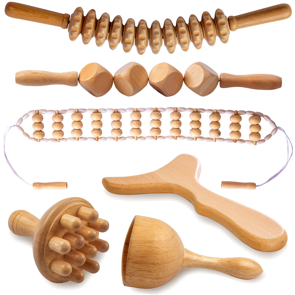 lianjindun 6 in 1 Wood Therapy Massage Tools, Maderoterapia kit, Wood Therapy Set, Lymphatic Drainage Massager, Wooden Gua Sha Tools, Wooden Massager Roller Rope for Body Shaping Anti Cellulite lianjindun