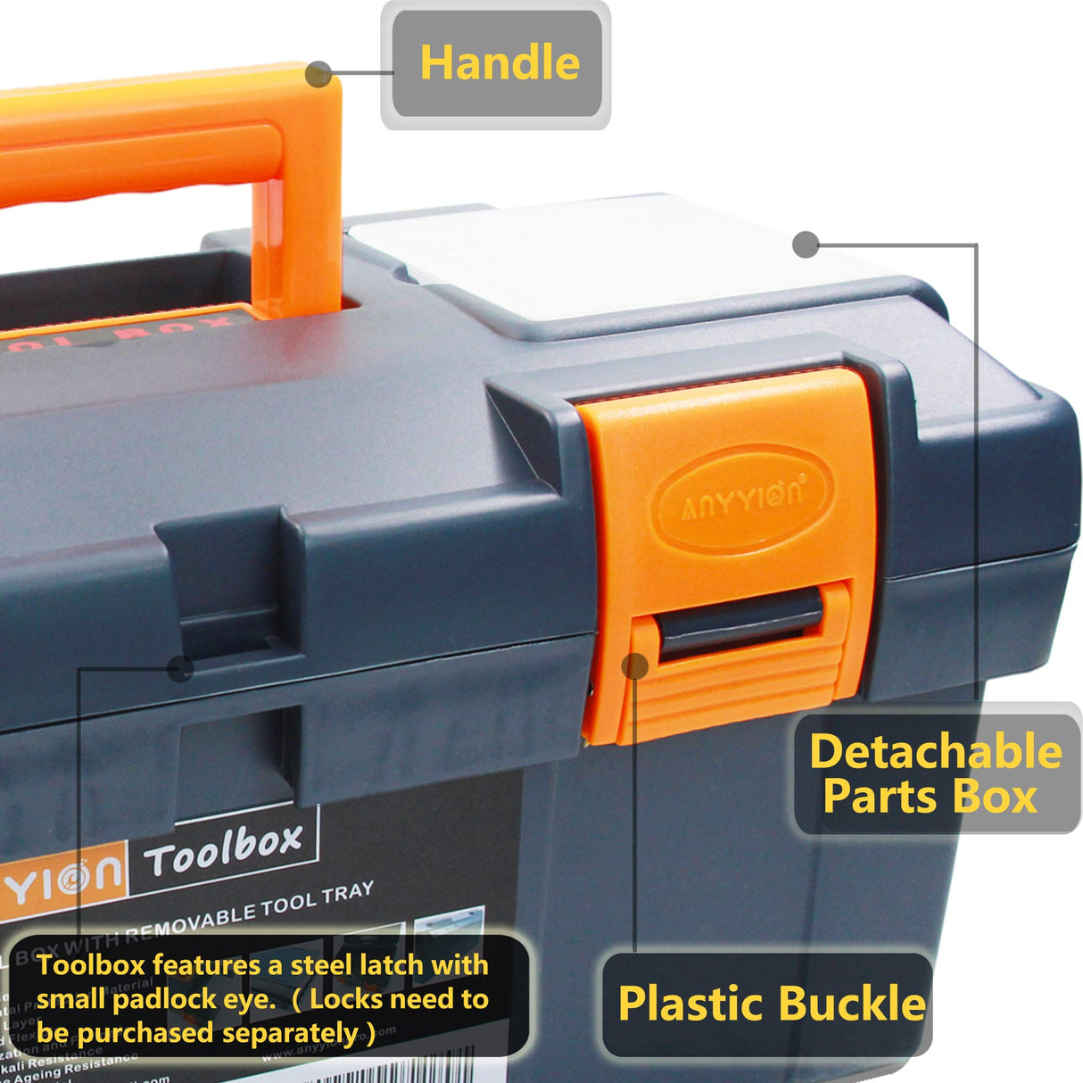 Anyyion 16.5-inch Tool Box with Removable Tray, Small Parts Box On The Lid is Removable, Tray Can be Removed and Combined at Will (Blue) Anyyion