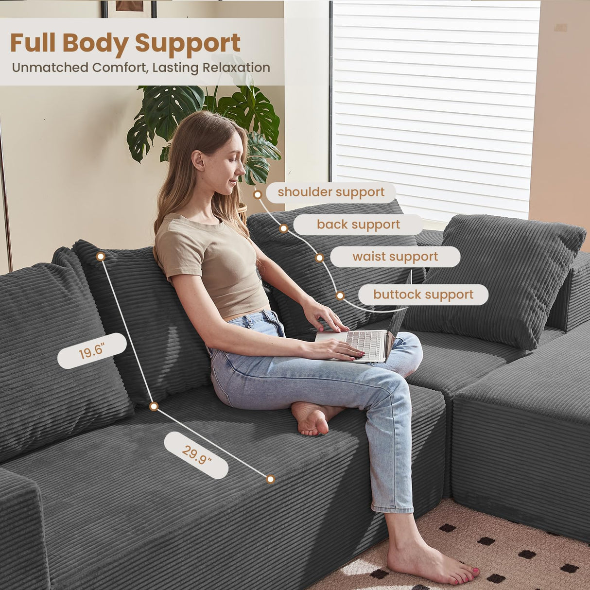 Modular Sectional Sofa, 108" L-Shaped Boneless Couch with Deep Seat, Corduroy Cloud Couch for Living Room, Bedroom, No Assembly Required, Ship in a Box, Grey RUMBALUXY