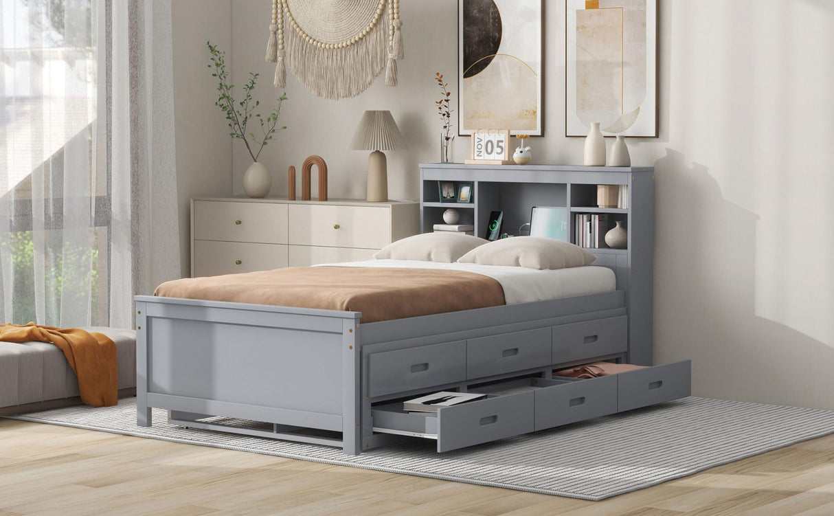 Twin Size Platform Bed with Storage Headboard, Twin Size Platform Bed with TwinSize Trundle and 3 Drawers&USB,Solid Wood Bed Frame with Storage Kids,No Box Spring Needed. (Gray) Bellemave