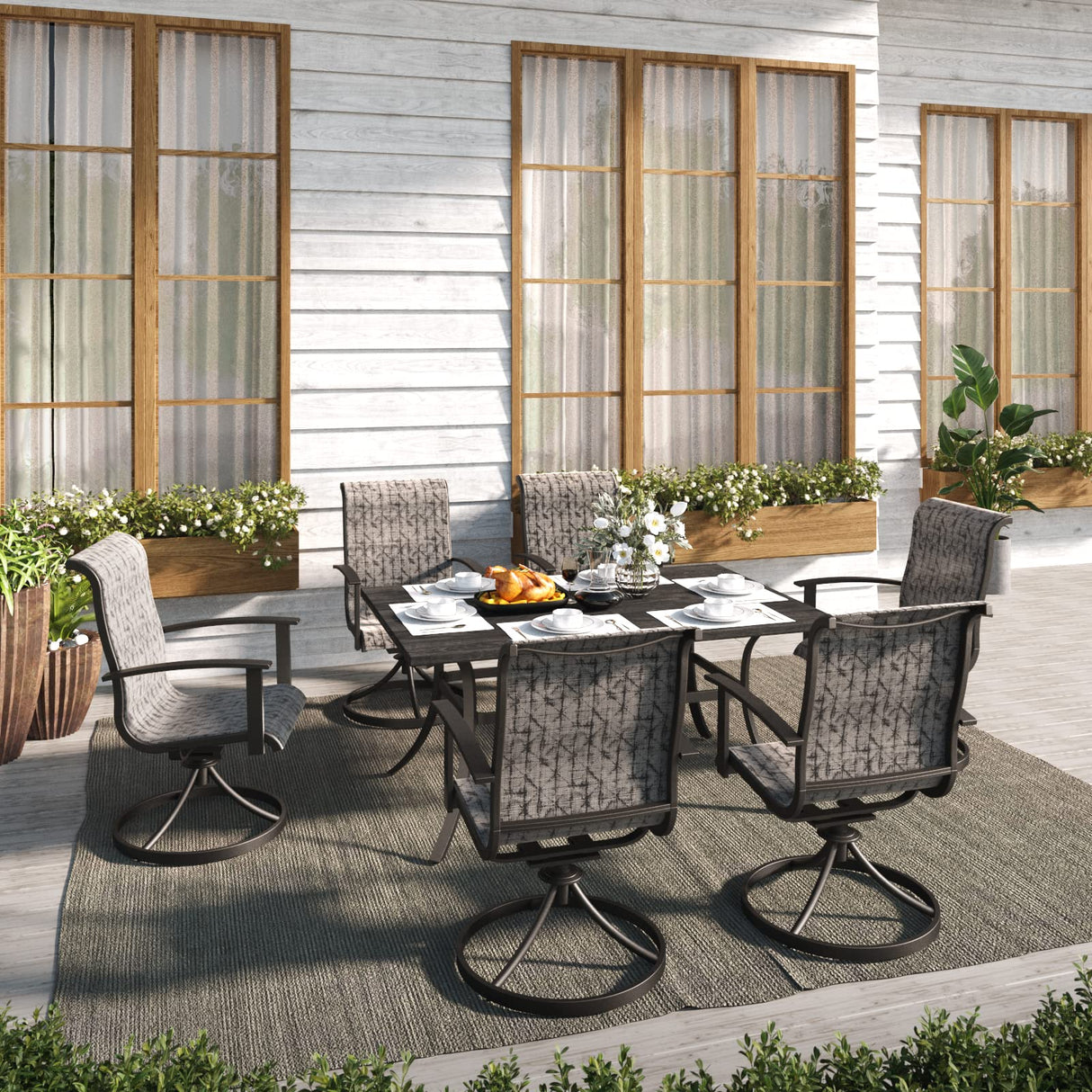 Grand patio Outdoor Dining Set for 6, Patio Dining Set with 6-Piece Mesh Sling Rocking Chairs, 1-Piece Large Rectangular Woodgrain Dining Table with Umbrella Hole, Black & Grey Plaid Grand patio