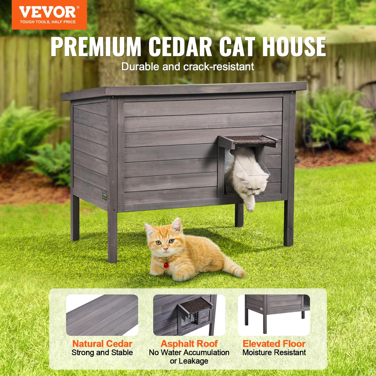 VEVOR Outdoor Cat House Weatherproof, Feral Cat Shelter for Multiple Cats, Outdoor Wooden Cat Rabbit House with All-Round Foam Insulated, Open Roof, PVC Door Flaps, 34" L x 22" W x 27" H VEVOR