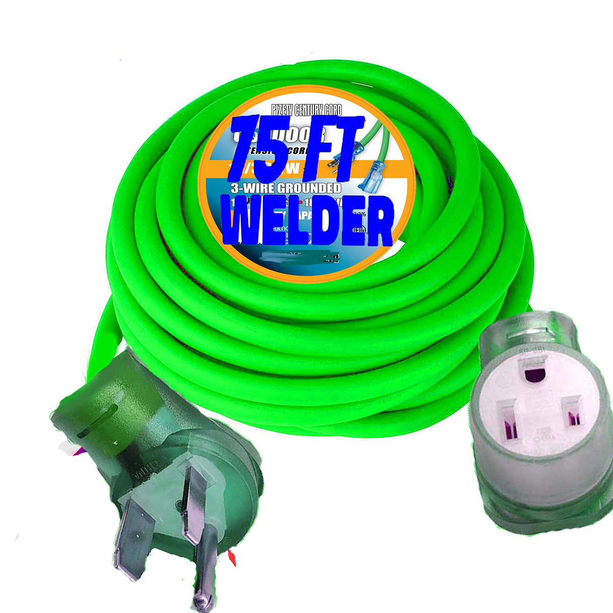 pizety Welder Extension Cord 75 ft 10,000 Watts Nema 250-Volt Welder Extension Cord 8 Gauge Lighted end 8/3 Welder Extension Cord 30 amp Plug ETL Approved (75) pizety