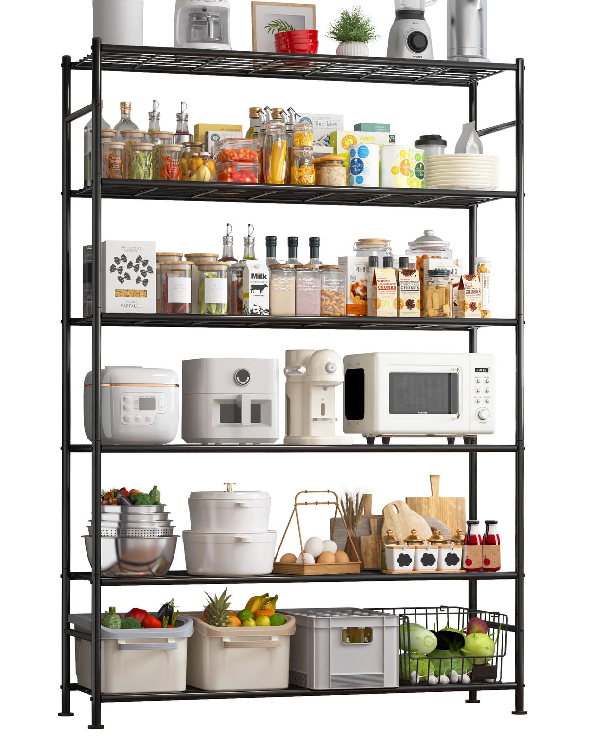Sakugi Storage Shelves - 6 Tier Shelf Organizer, Heavy Duty Garage Shelving Unit with Leveling Feet, Stable Metal Shelves Organizer for Pantry, Kitchen and Closet, 46.3" W x 12.6" D x 76.1" H, Black Sakugi