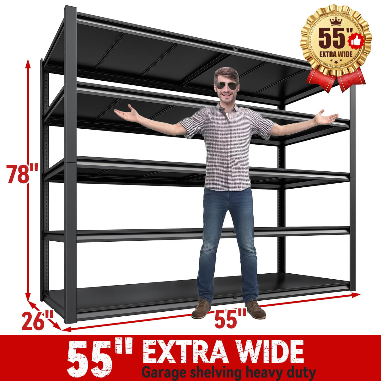 REIBII 78" H Storage Shelves, Garage Shelving Heavy Duty Load 3000LBS, Adjustable Garage Shelving, 5 Tier Metal Shelves Unit for Storage Rack, Basement, 55" W x 26" D x 78" H, Black, 3 Pack REIBII