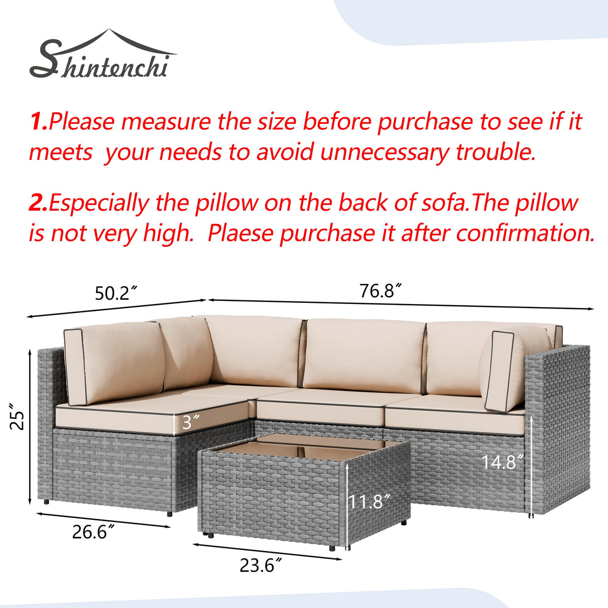 Shintenchi 5 Pieces Outdoor Patio Furniture Sets, Patio Sectional Sofa Couch, Gray PE Wicker Furniture Modular Patio Conversation Sets Patio Sofa with Washable Cushions & Table(Khaki) Shintenchi