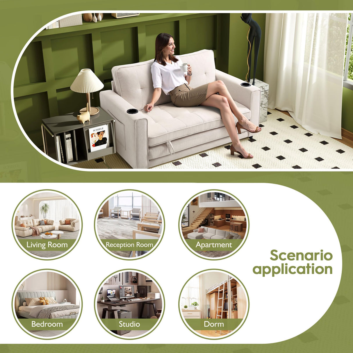 Urhanherry 54" Folding Sofa Bed Full Size, Pull Out Couch Small Love Seat Sleeper Bed Futon, Fold Out Floor Gaming Couch with Cup Holder for Dorm, Bedroom, Small Spaces(Beige) Urhanherry