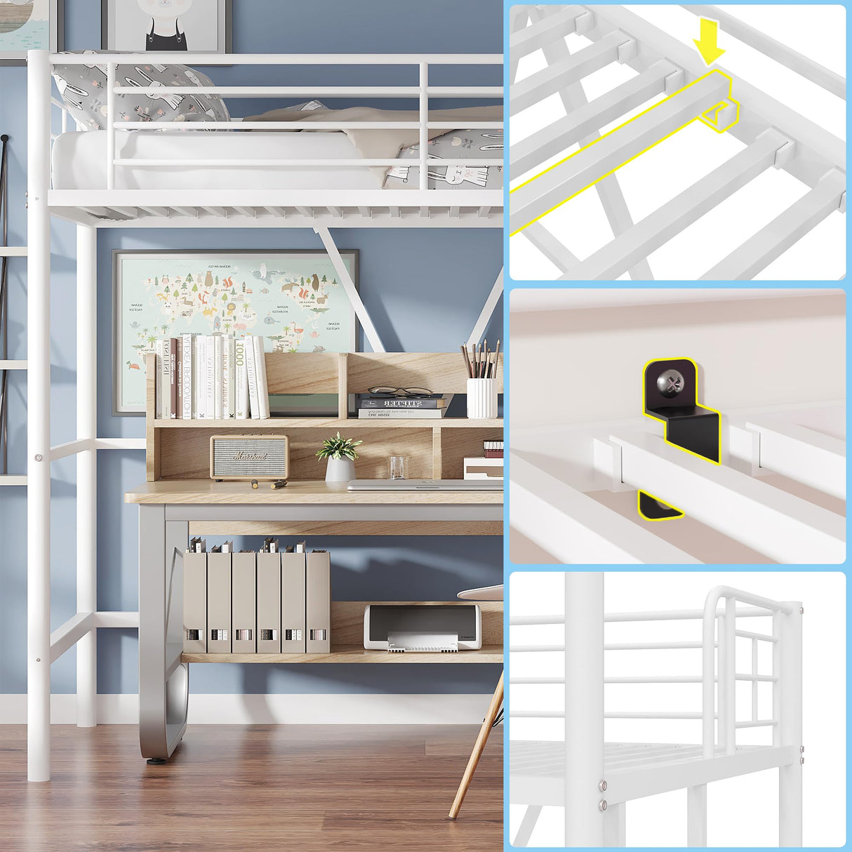 VECELO Twin Size Loft Bed with Full-Length Guardrails and Removable Ladder, Heavy-Duty Metal Frame, Space-Saving Design & Noise-Free, White VECELO