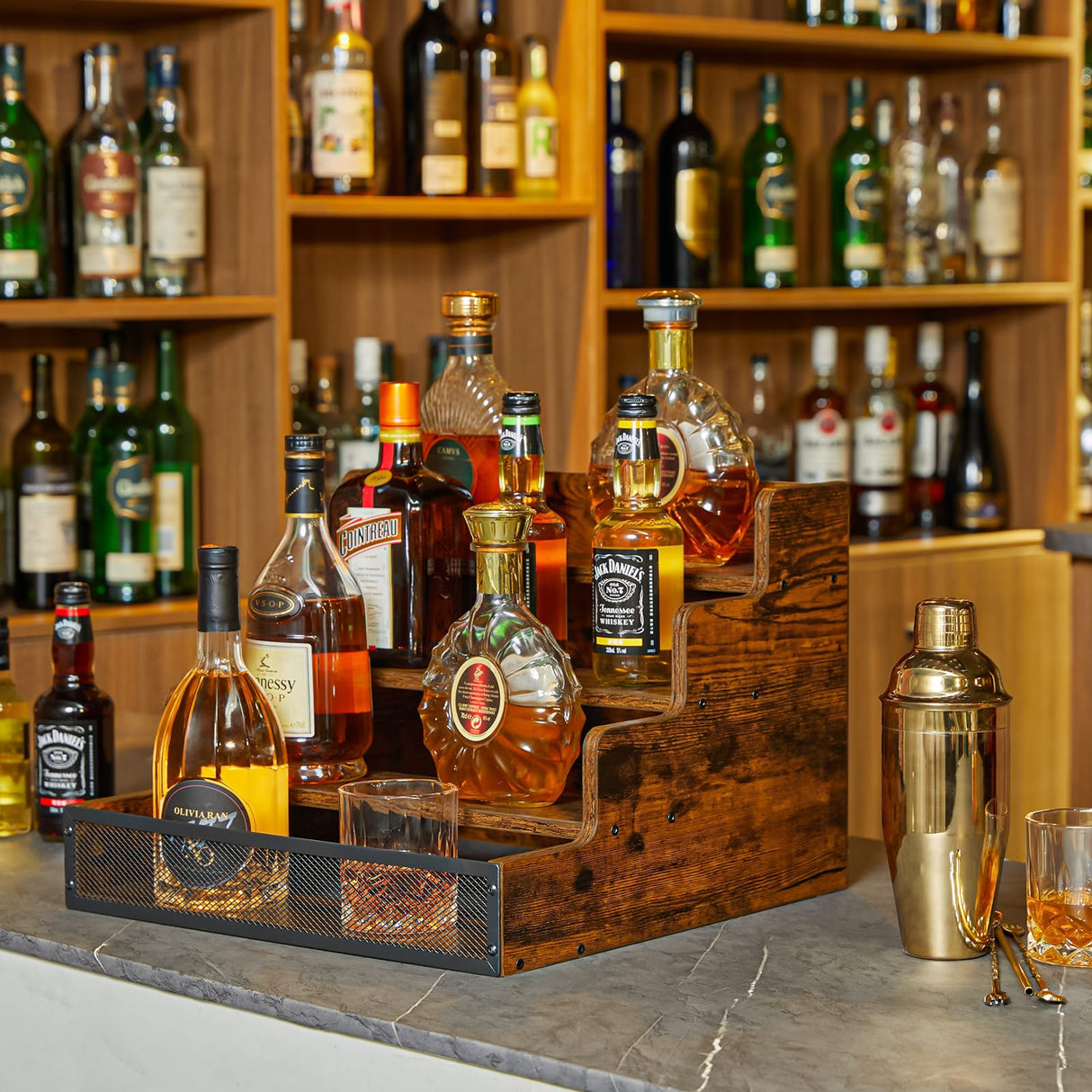 Yuzehuaza 4 Step Countertop Liquor Bottle Display Shelf, Wood Bar Shelves 16 Bottles with Fences, Freestanding Storage Shelves for Liquor Whiskey Wine Coffee Syrup Display, Retro Wine Rack Home Yuzehuaza