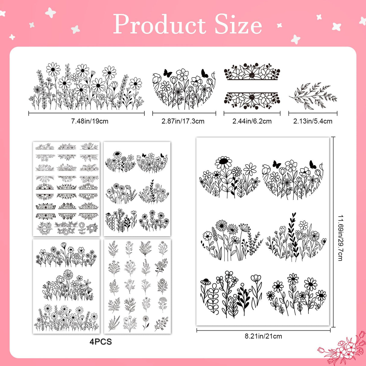 Water Soluble Embroidery Patterns Stabilizers - Rngmsi 4 Pcs Floral Stick and Stitch Embroidery Paper Wash Away, Sunflower Designs Transfer Patterns Stabilizers for Hand Sewing Rngmsi