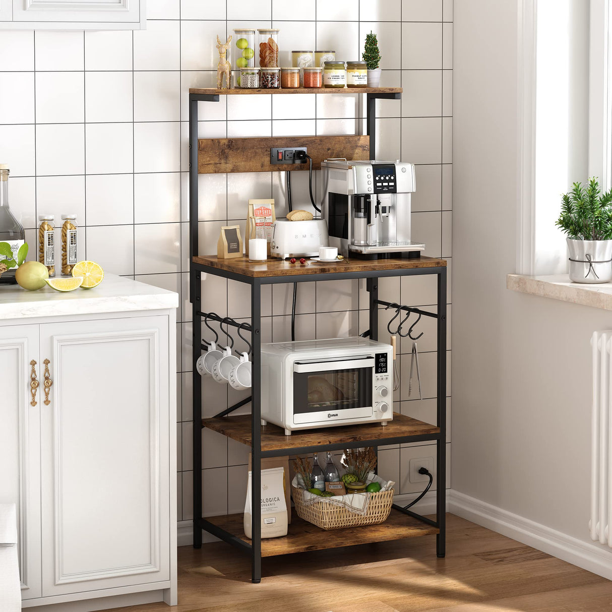 Rustic Brown SUPERJARE Kitchen Bakers Rack with Power Outlets and Hooks - 4-Tier Storage Shelf for Microwave, Coffee Bar, and More SUPERJARE