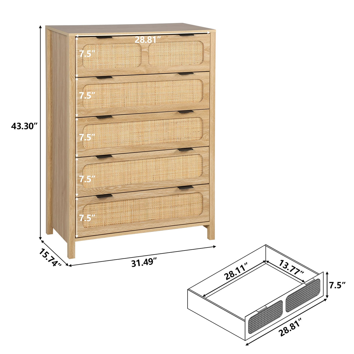 LEVNARY 5 Drawer Chest Dresser, Rattan Tall Dresser 5 Chest of Drawers for Bedroom, Wood Storage Cane Cabinet with Metal Handles, for Living Room, Hallway, Nursery (Natural) LEVNARY
