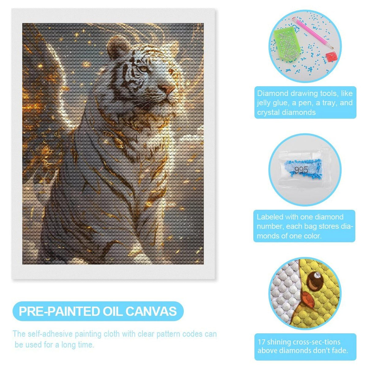 Fabioyar Diamond Art Kits for Adults - Frameless Golden White Tiger 5d Diamond Painting Kits for Adults Beginners for Home Wall Decor 12 X 16 Inch Fabioyar