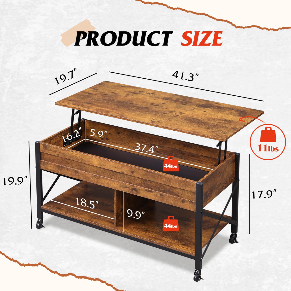 WLIVE Lift Top Coffee Table for Living Room, Coffee Table with Storage, Hidden Compartment and Metal Frame, Central Table with 4 Casters for Reception Room, Rustic Brown WLIVE
