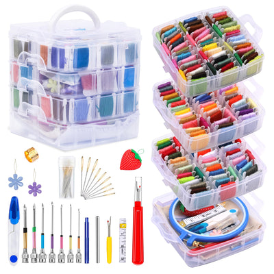 Jupean Embroidery Kit 150 Colors Embroidery Floss Embroidery Thread Punch Needle Tool, Cross Stitch Supplies with Storage Box, Floss Bobbins, Cross Stitch Hoop