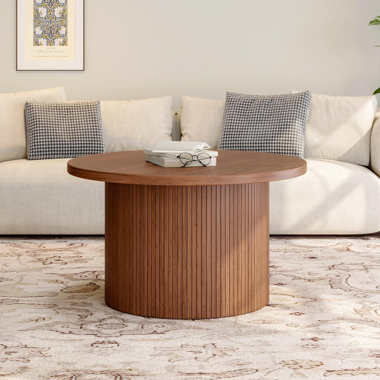 ONBRILL 31.5" Round Coffee Table, Tambour Design Coffee Tables for Living Room, Mid Century Modern Wood Coffee Table, Drum Accent Small Center Table, Walnut ONBRILL