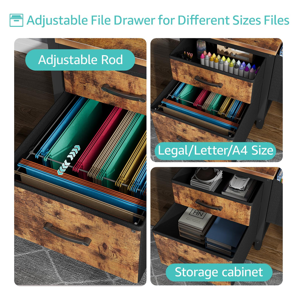 Lufeiya Computer Desk with Fabric File Drawers Cabinet, 57 Inch Home Office Desks with Filing Cabinet Printer Stand for Small Space, Study Writing Table PC Desks for Bedroom, Brown Lufeiya