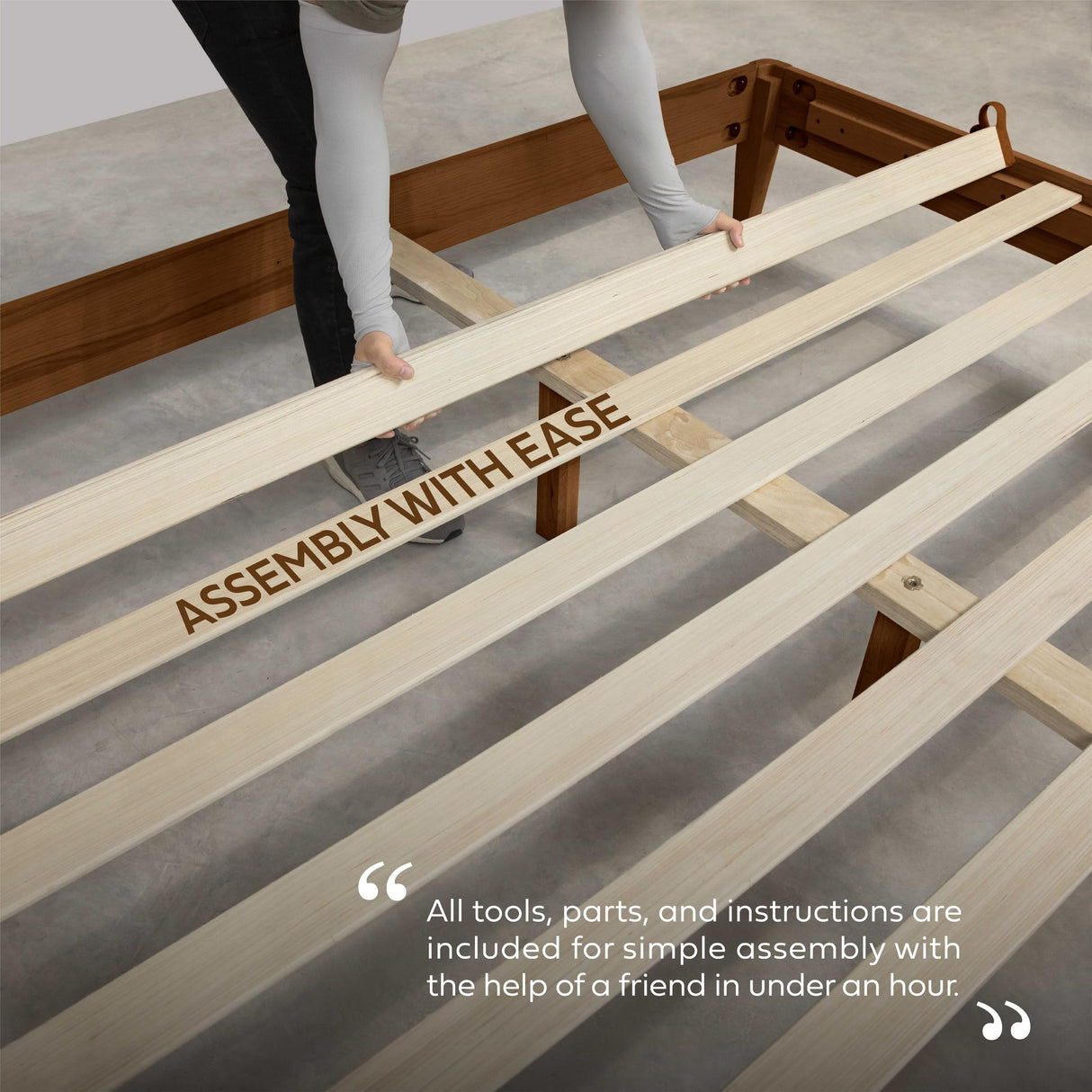 NTC Lupin Wooden Bed Frame with Headboard, Crafted from Walnut, Rubber Wood with Silent Slats and Wood Central Supports, 1000 Lb Capacity, Effortless Assembly, King - Dark Walnut NTC