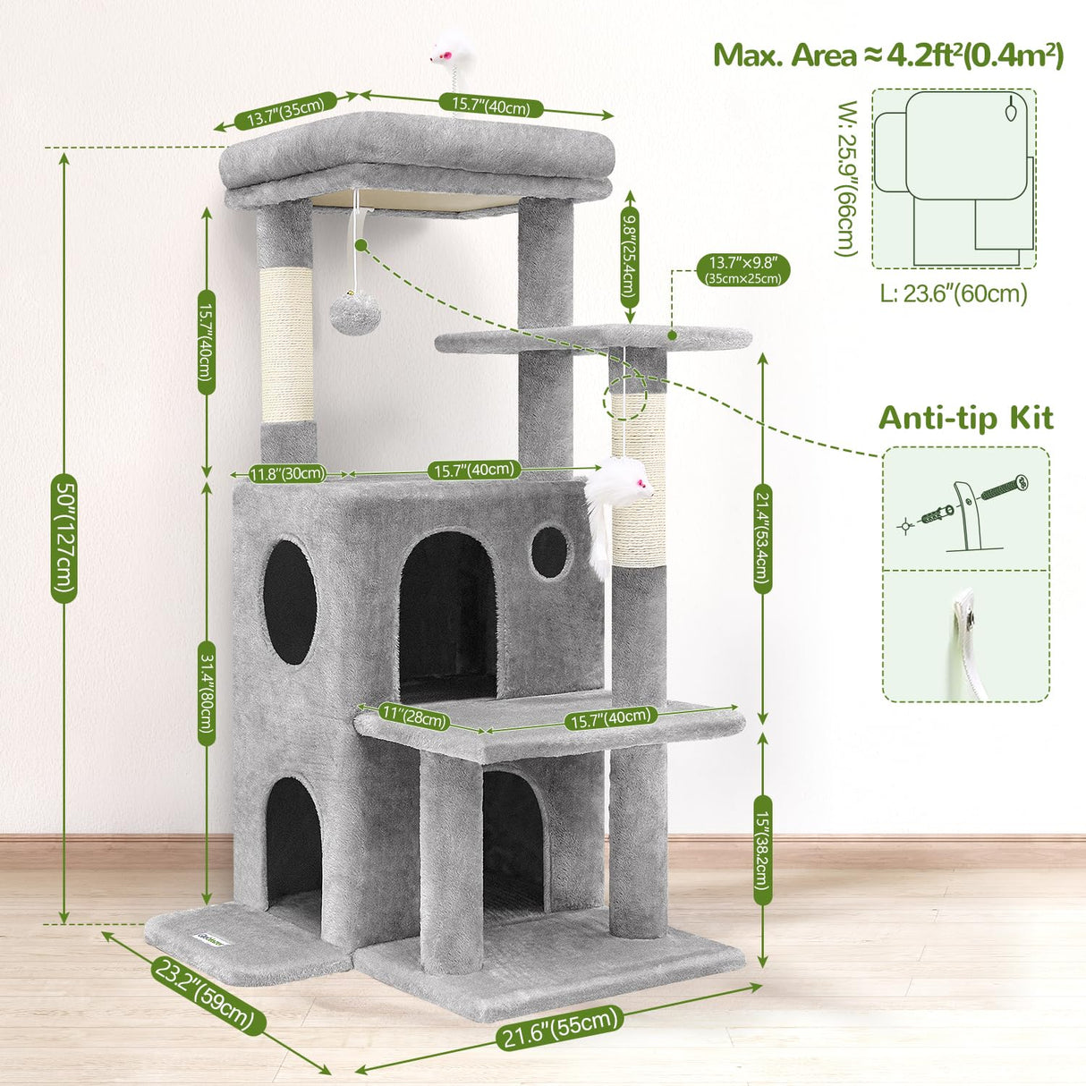 Globlazer FC50 Cat Tree Tower for Indoor Cats, 50-inch Adult Cat Tree House for Large Adult Cats with Steps, Scratching Post, 2 Cat Caves, Dangling Toys, Light Grey Globlazer
