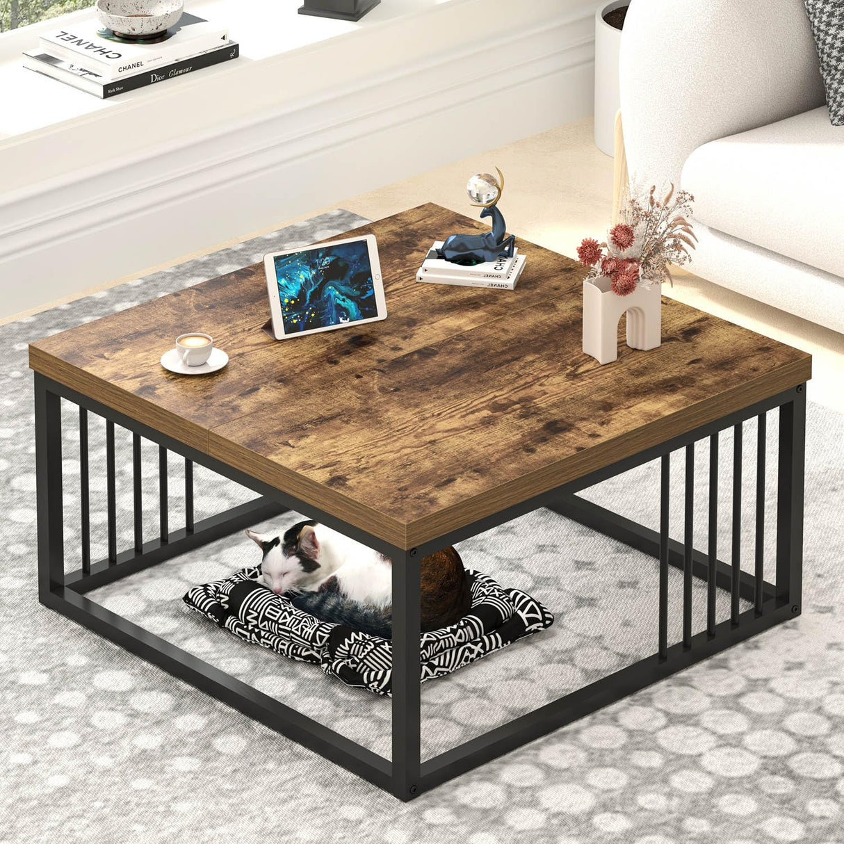 FOLUBAN Modern Coffee Table, Square Center Table for Living Room, Industrial Rustic Wood and Metal Cocktail Tea Table, 31.5 Inch, Brown FOLUBAN
