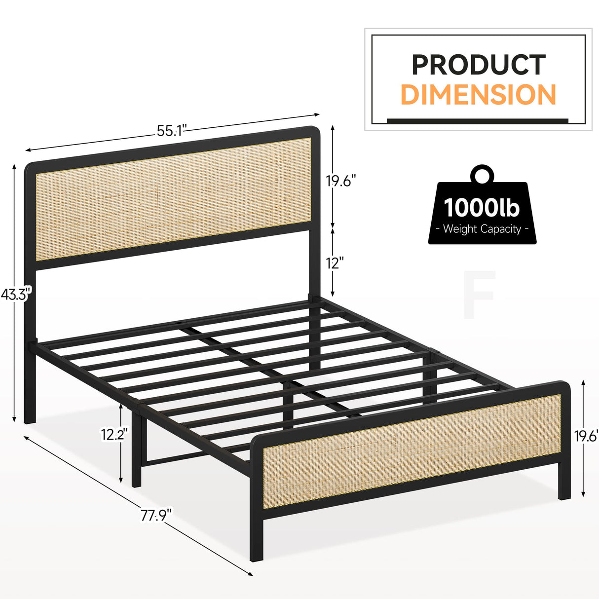GarveeHome Full Size Rattan Platform Bed Frame, Full Bed Frame with Natural Rattan Headboard and Footboard, Metal Bed Frame with Under Bed Storage and Strong Slats Support, No Box Spring Needed GarveeHome
