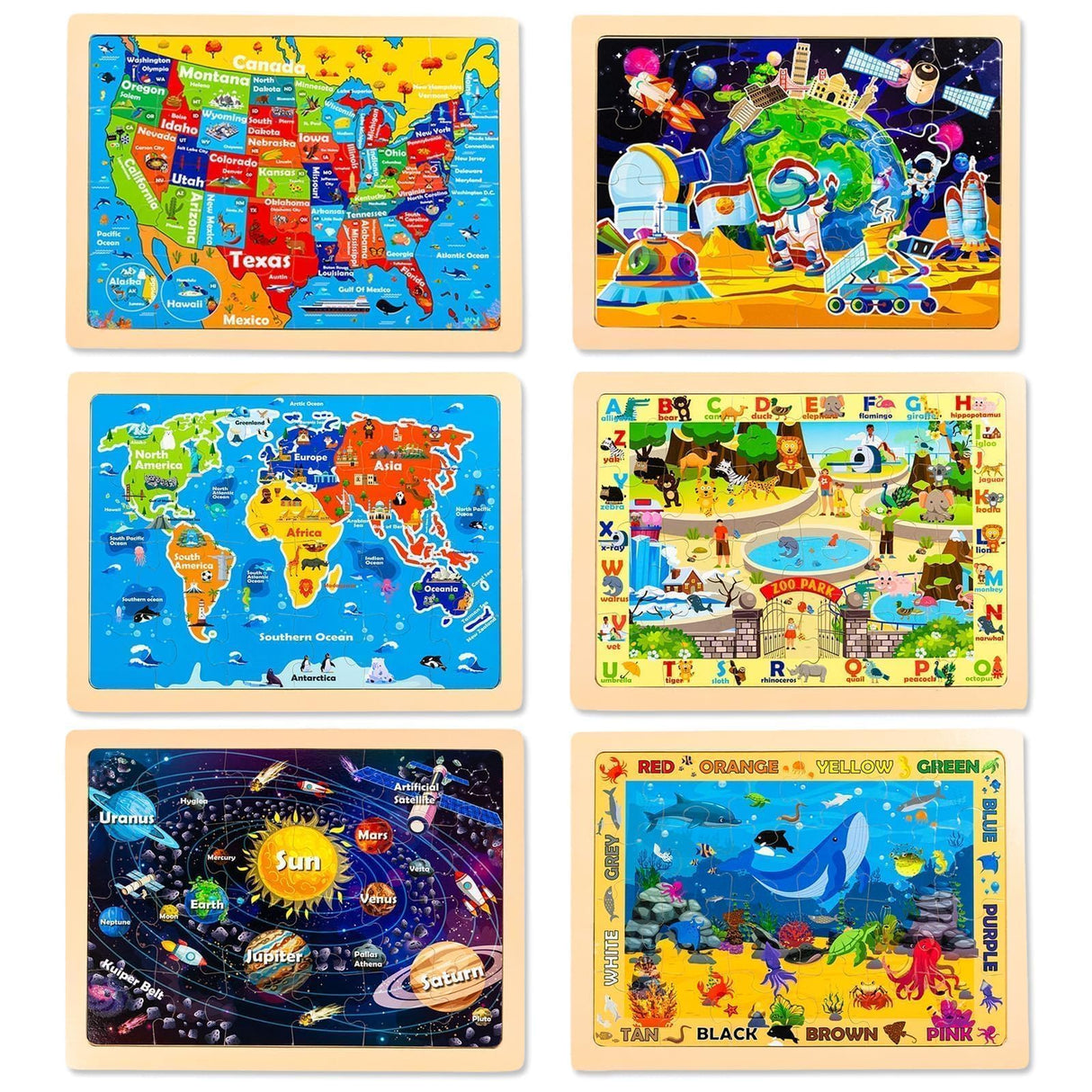 EggSun Wooden Puzzles for Kids Ages 4-6, 6 Packs 24Pcs Solar System States World Map Wooden Puzzles for Kids 3 4 5 6 Year Old, Preschool Educational Brain Toys Gifts for Boys and Girls EggSun