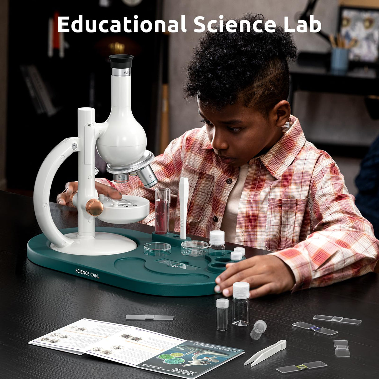 Science Can Microscope for Kids, 1600X Magnification LED Student Microscope with 8 Prepared Slides, Educational Science Lab Toy Great Birthday Gifts, Science Kits for Kids Ages 8-12 Science Can