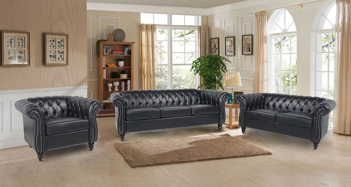 RARZOE Modern 3 Seater PU Chesterfield Sofa, Upholstered Tufted Button Leather Chesterfield Couch, Classic Faux Leather Settee with Nailhead Trim Scroll Arms for Living Room Bedroom(Black) RARZOE