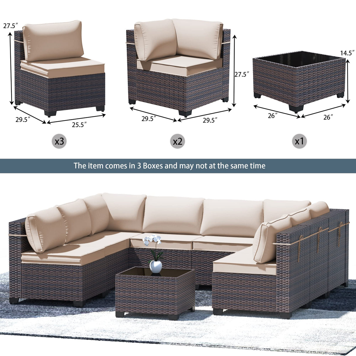 RTDTD Outdoor Patio Furniture Set, 9 Pieces Outdoor Furniture All Weather Patio Sectional Sofa PE Wicker Modular Conversation Sets with Coffee Table,8 Chairs & Seat Clips(Brown) RTDTD