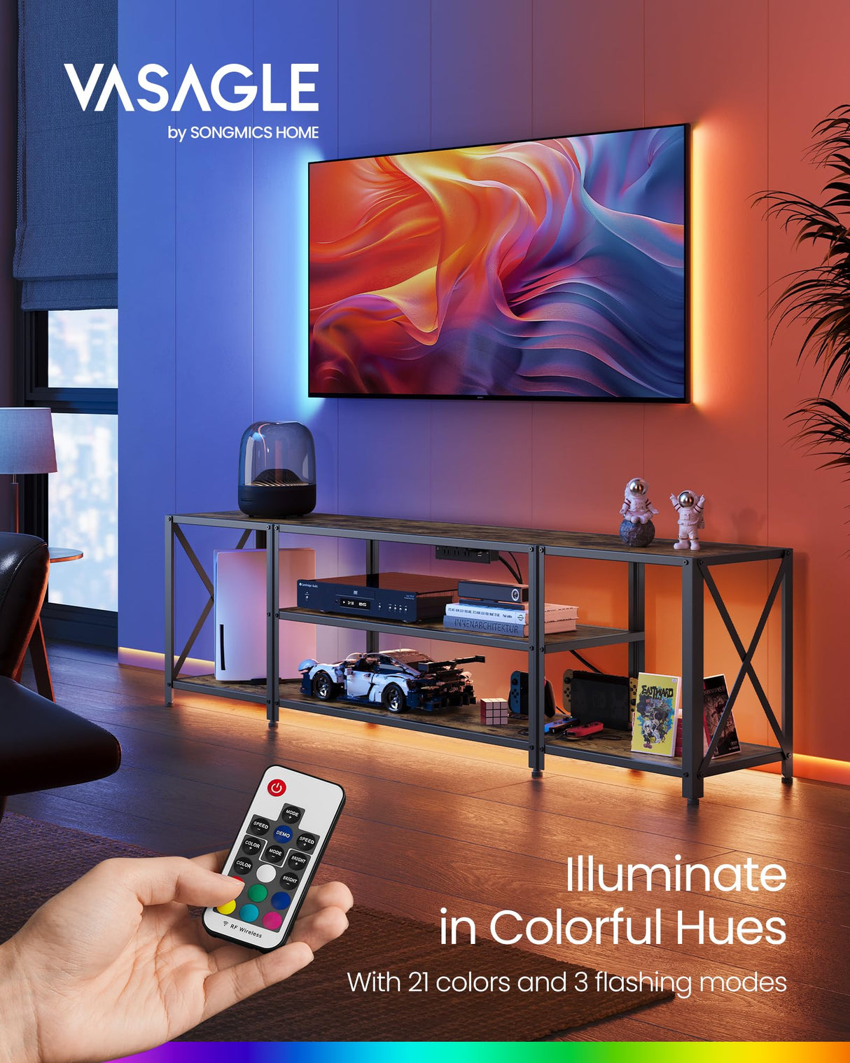 VASAGLE TV Stand with Power Outlets and LED Lights, for TVs up to 75 Inches, Entertainment Center with Open Storage Shelves, TV Console Table for Living Room, Rustic Brown and Ink Black ULTV122K01 VASAGLE