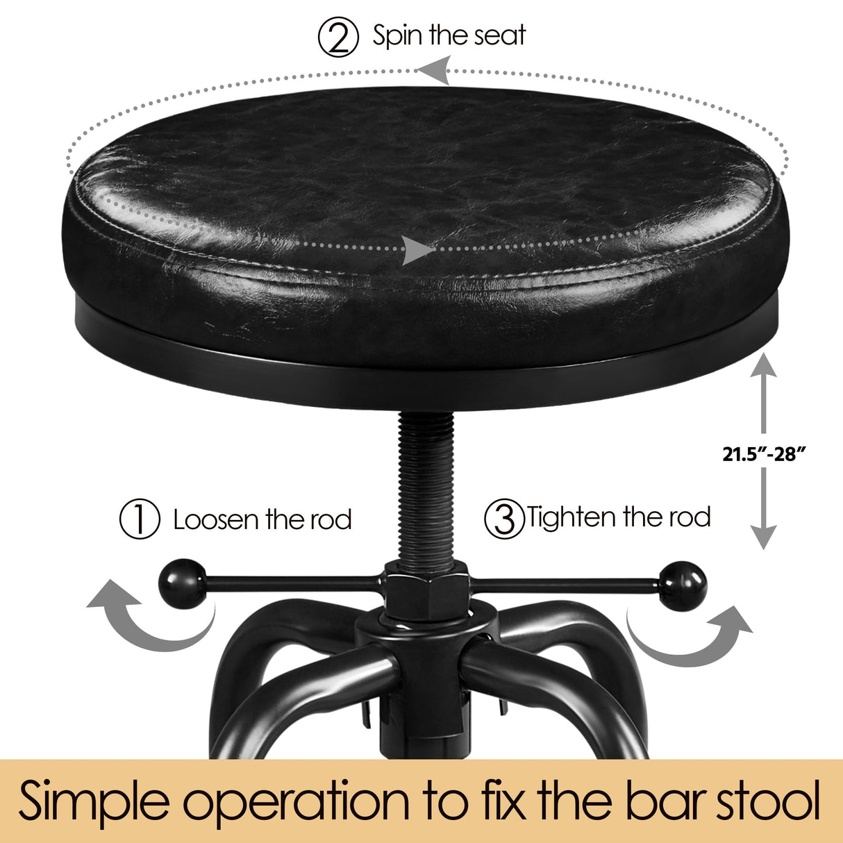 Yaheetech Industrial Bar Stools Vintage Counter Height Bar Stool with Round Faux Leather Seat Metal Stool Adjustable Kitchen Stool 21.5-28 Inch Tall Black, 1PCS Yaheetech