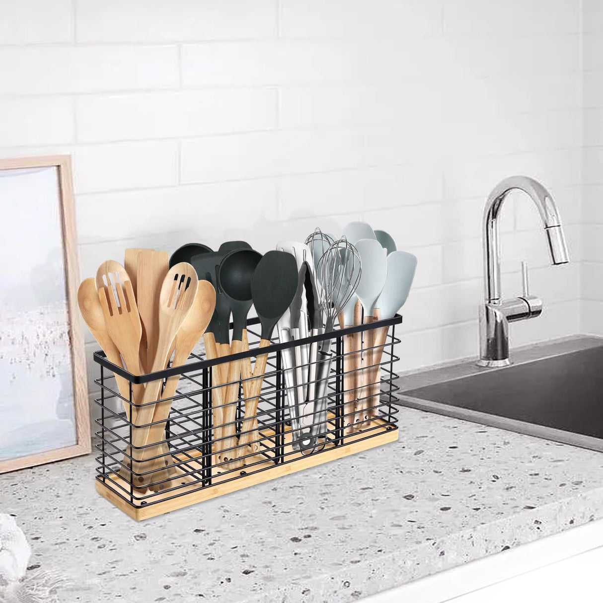 Suli Extra Large Kitchen Utensil Holder with 4 Compartments,Matte Black Metal holder with Wooden Base for Kitchen Countertop,Farmhouse Cooking Utensil Storage, Rustic Cooking Utensil Suli