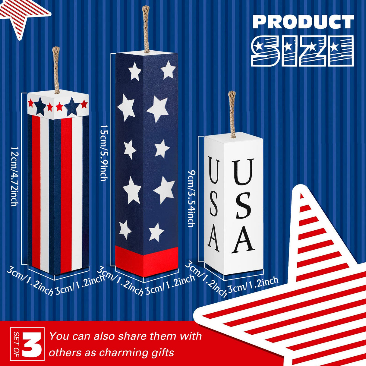 Amyhill 3 Pcs 4th of July Wooden Table Decorations Patriotic Table Centerpieces Independence Day Wood Firework Fourth of July Table Signs for Home Farmhouse Decor(Flag) Amyhill