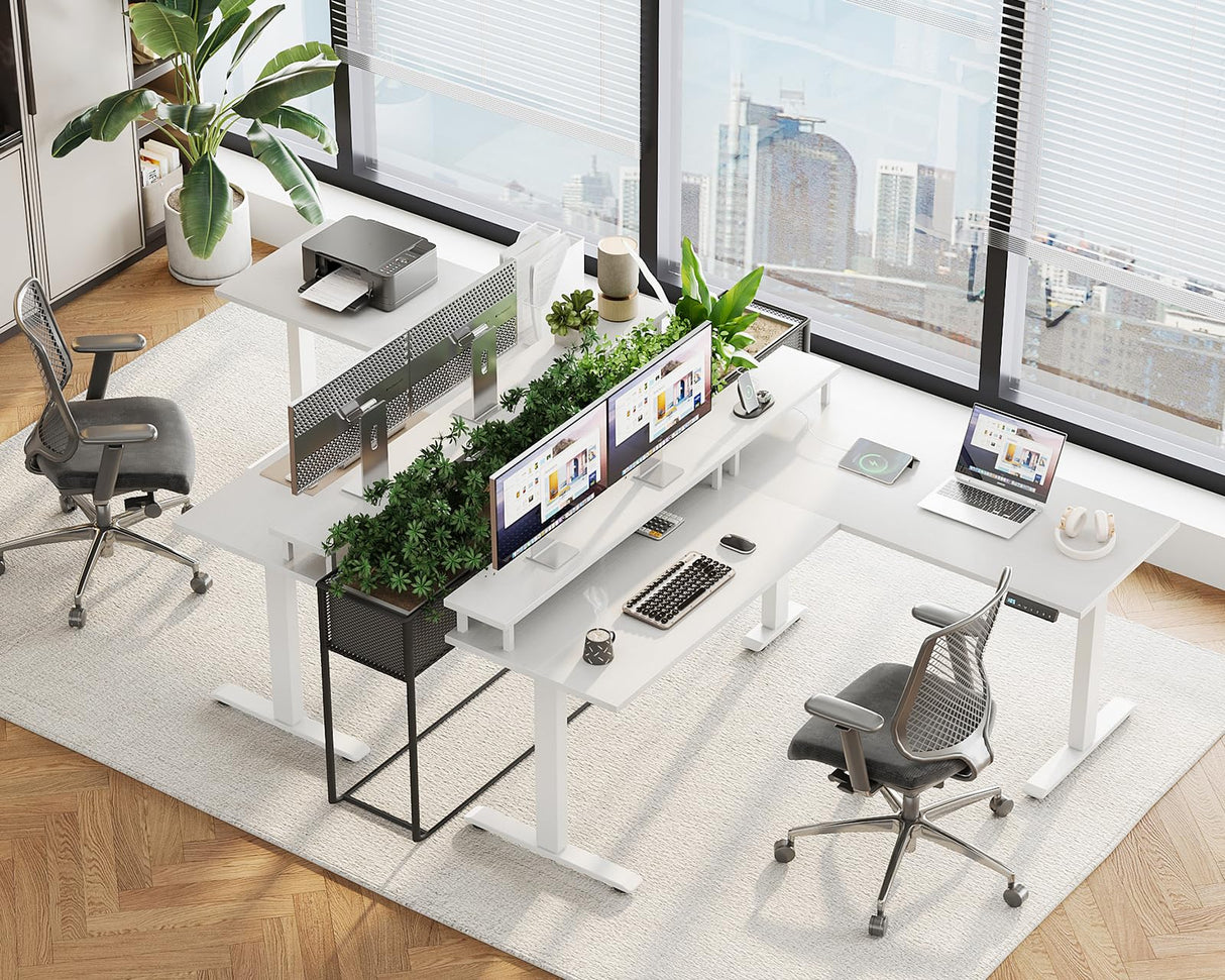 AODK Electric L-Shaped Standing Desk, Height Adjustable Office Desk with Monitor Stand, Sit-Stand Desk with Power Outlets, Large Lift Table for Home, Office, Workstation, White AODK