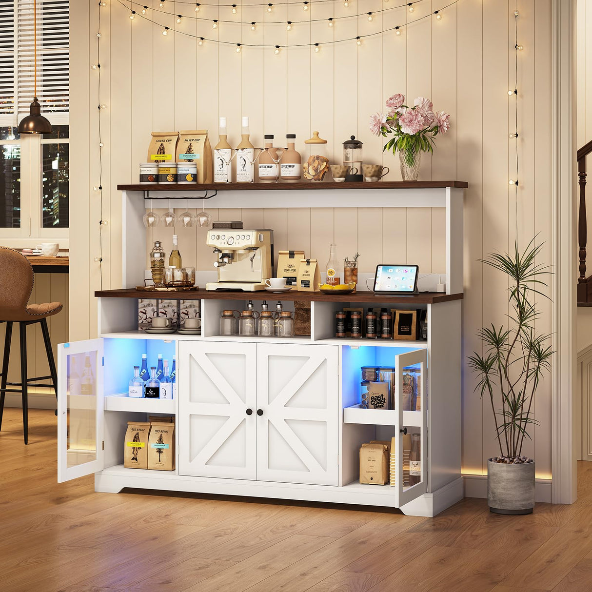 Hasuit Farmhouse Sideboard Buffet Cabinet with Goblet Holder & Power Outlet, Coffee Bar Storage with RGB LED Light and Adjustable Shelf for Kitchen Living Room (White) Hasuit