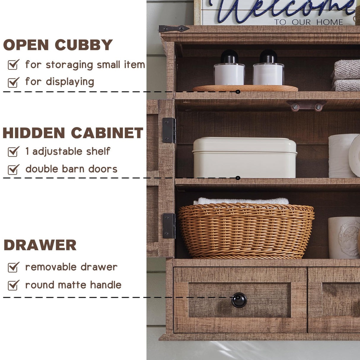 ACCOHOHO Bathroom Wall Cabinet, Farmhouse Medicine Cabinet, 24" Wide Bathroom Cabinet with Drawer, Adjustable Shelf, Double Barn Doors, Storage Cabinet for Bathroom, Kitchen, Living Room, Rustic Brown ACCOHOHO