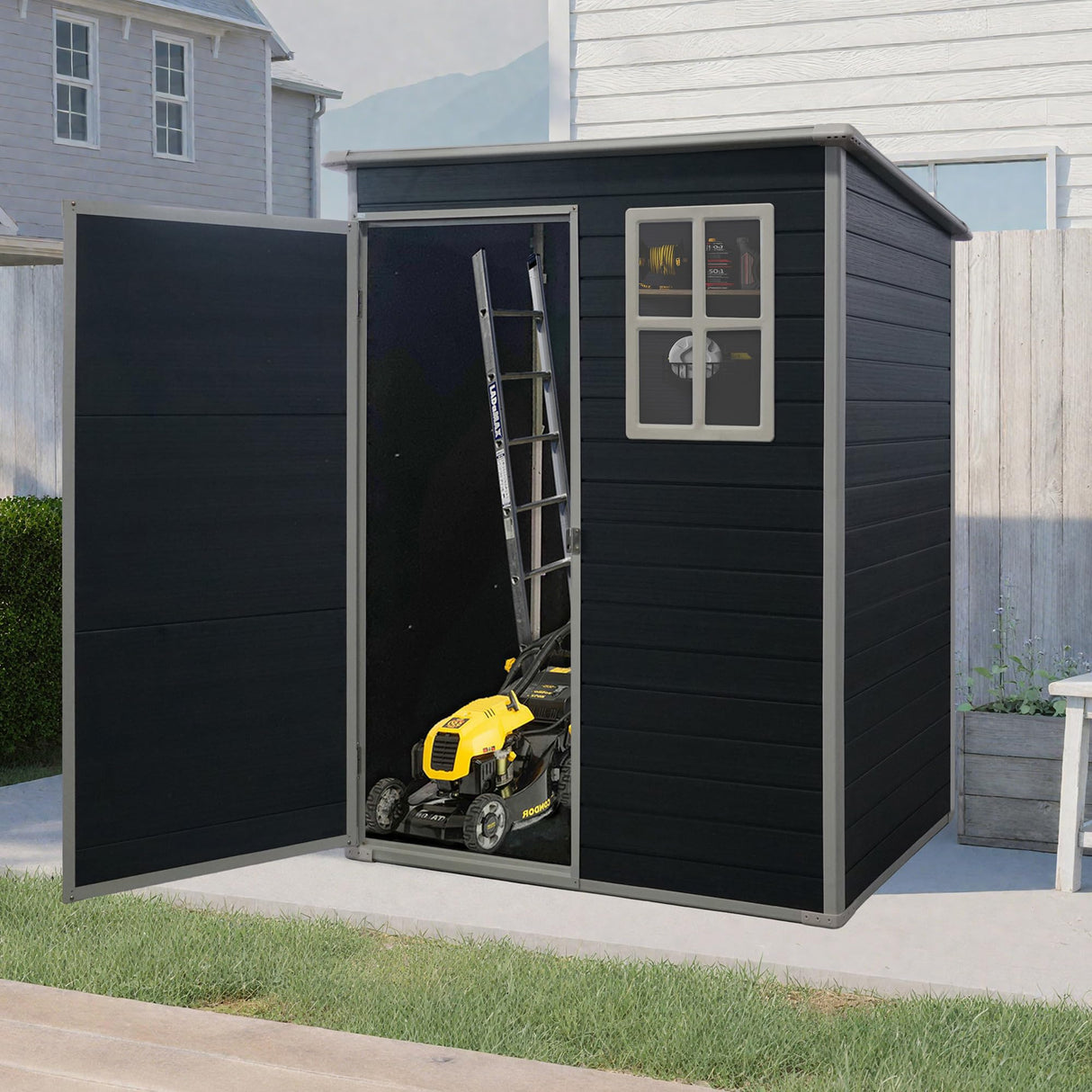 Shaical Outdoor Storage Shed 5 x 3 FT Resin Shed with Floor and Window, Sloping Roof Outdoor Shed with Lockable Door, Plastic Tool Shed for Patio, Garden, Backyard, Yard, Lawn, Black Shaical
