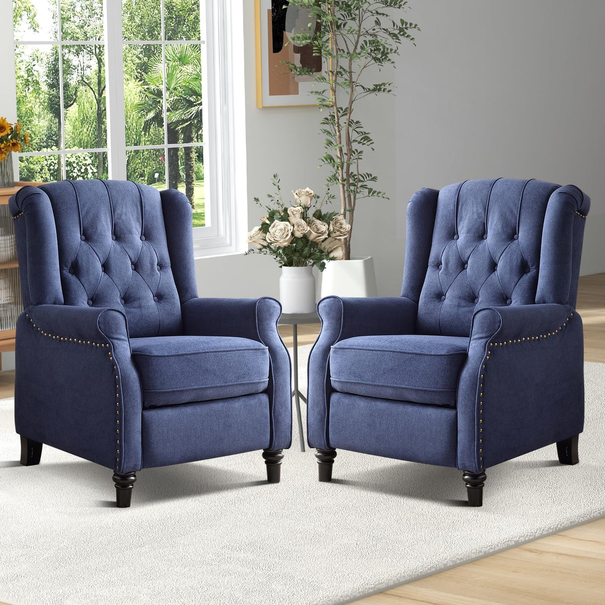 EBELLO Pushback Recliner Chair, Fabric Armchair Push Back Recliner with Rivet Decoration, Single Sofa Accent Chair for Living Room, Bedroom, Navy Blue EBELLO