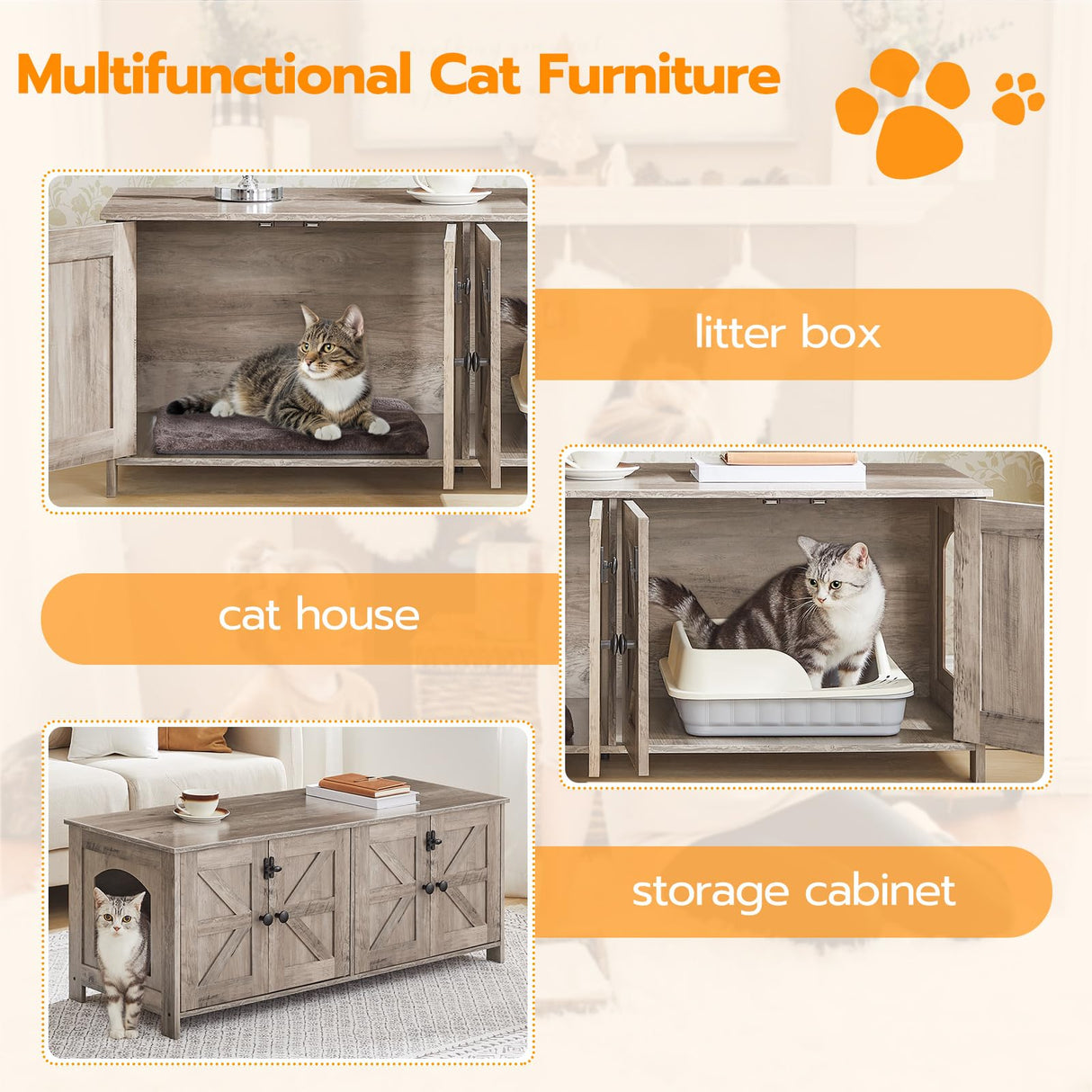 HOOBRO 47.2" Litter Box Enclosure for 2 Cats, Hidden Litter Box Furniture with Double Rooms, Wooden Cat Litter Box Enclosure, Dual Litter Box Design, Large Cat House for 2 Cats, Greige BG32MW01 HOOBRO