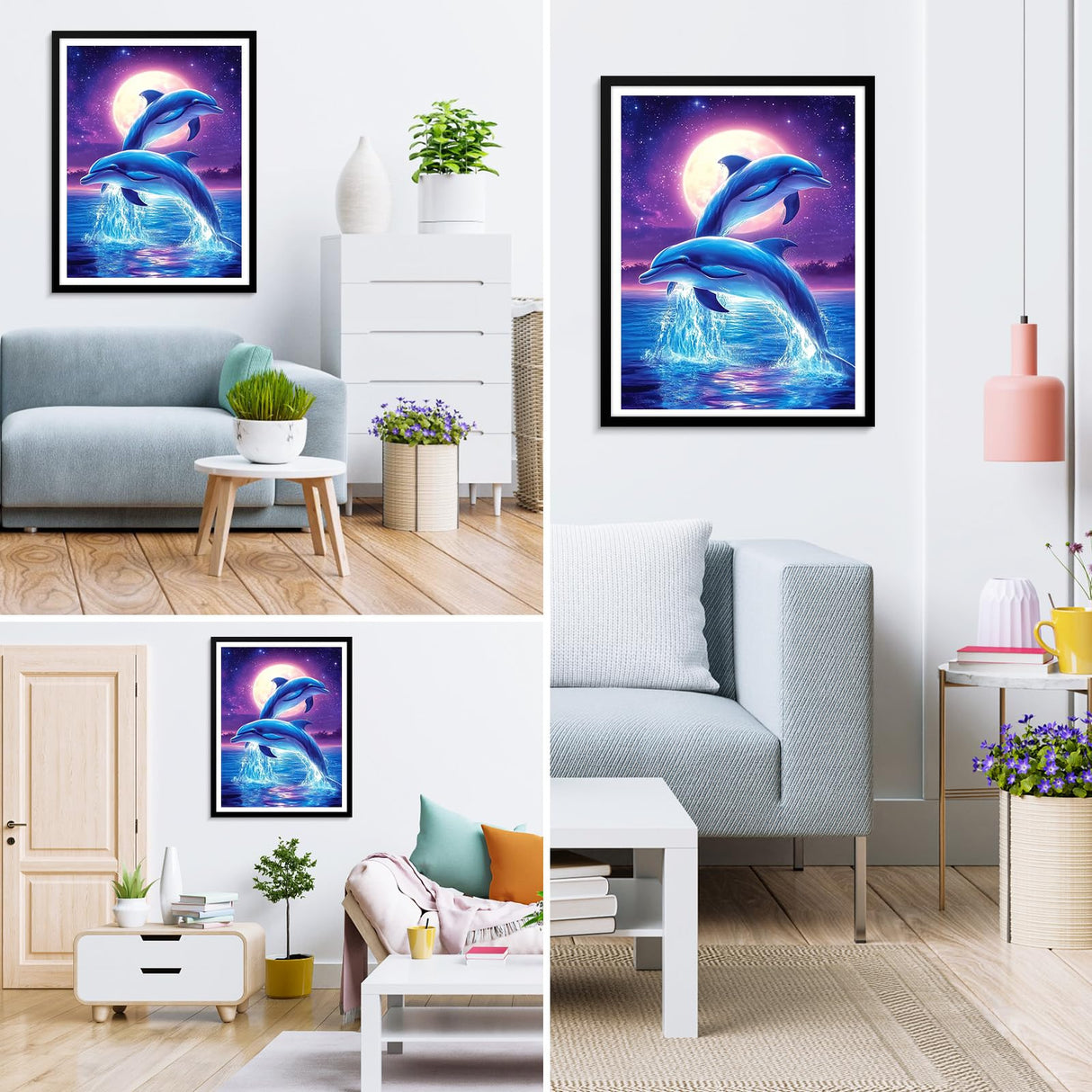 MXJSUA Jumping Dolphins DIY Diamond Painting by Number Kits for Adults, Animal 5D Round Drill Diamond Gem Art Painting Picture Arts Kits Craft for Home Wall Decor 12x16 Inch MXJSUA