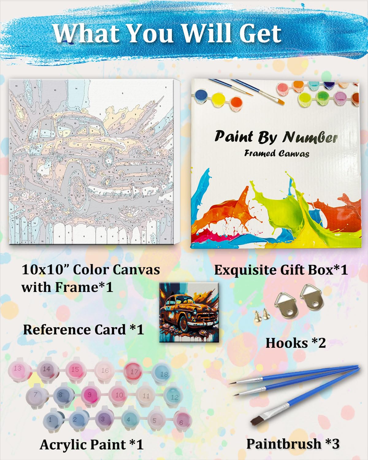 TOCARE Framed Paint by Numbers Kit for Adults Beginners, Car Paint by Number with Frame,Easy Vantage Car Paint by Numbers Framed Canvas (10x10 Inch, Without Easel) TOCARE