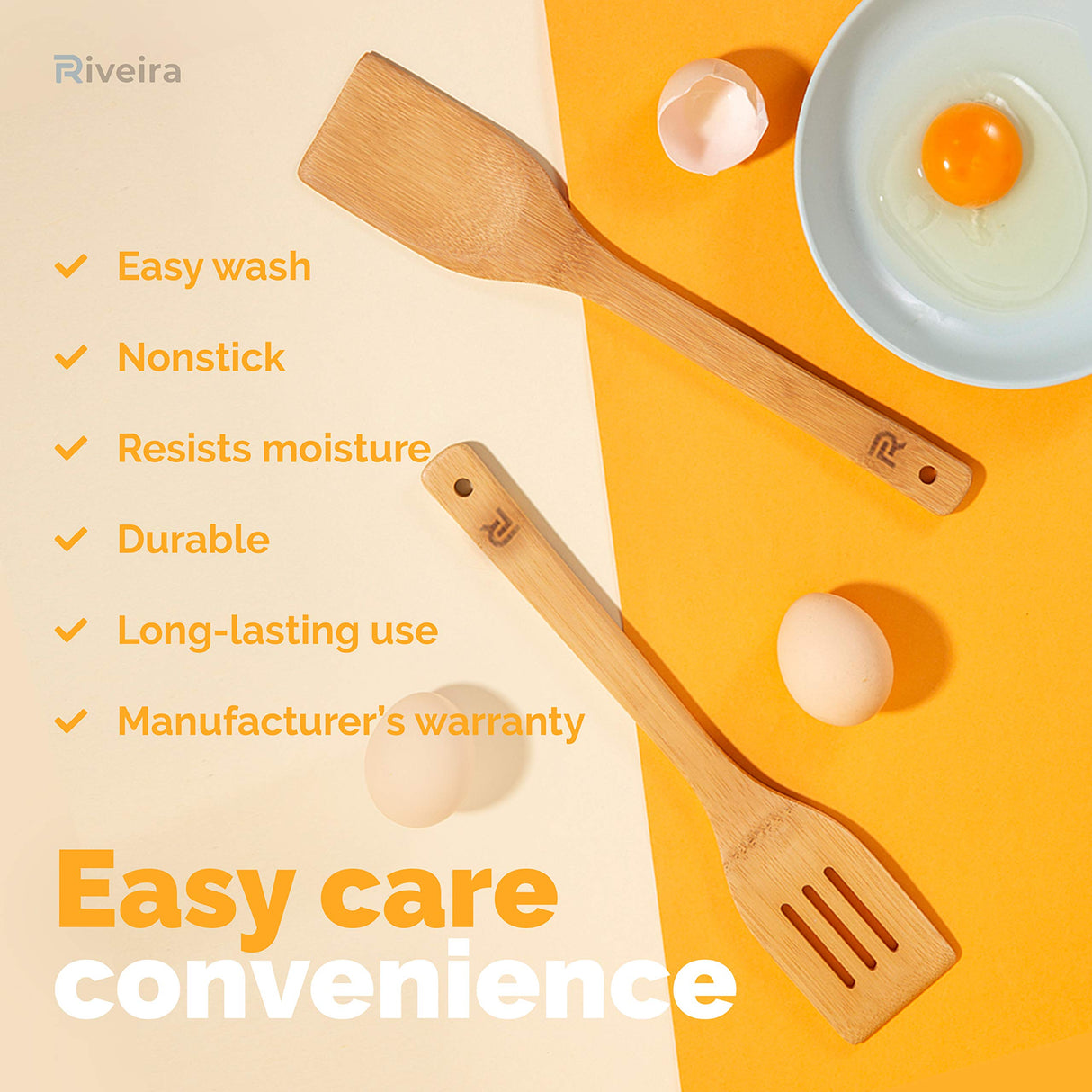 Riveira Bamboo Wooden Spoons for Cooking 6-Piece, Apartment Essentials Wood Spatula Spoon Nonstick Kitchen Utensil Set Premium Quality Housewarming Gifts for Everyday Use Riveira