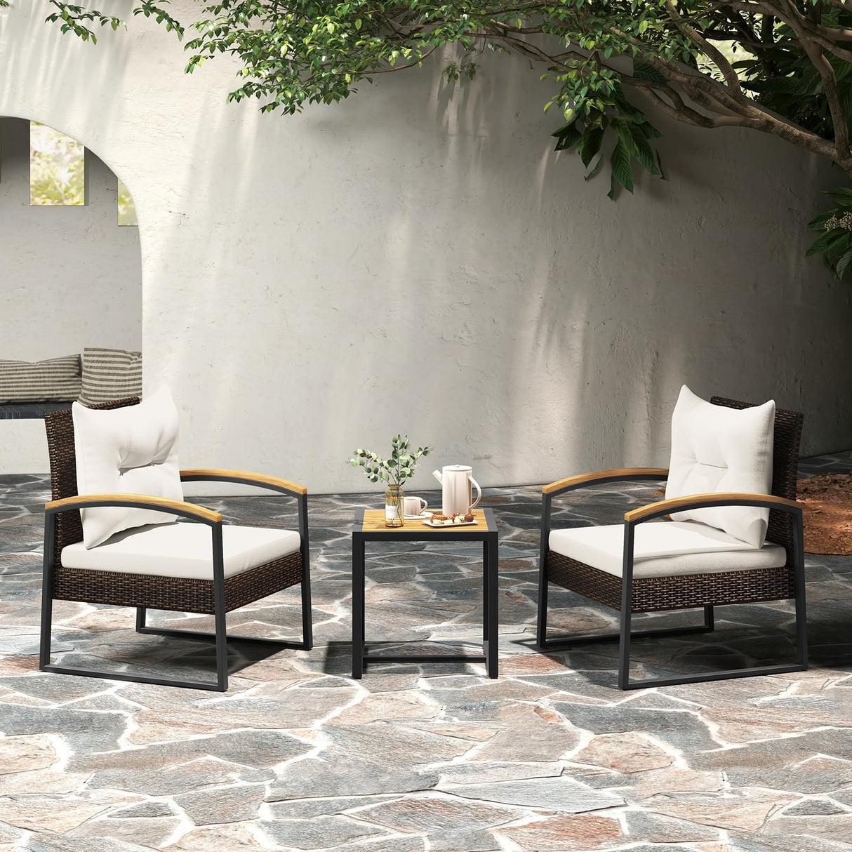 Tangkula 3 Piece Patio Conversation Set, Includes 2 Rattan Chairs and Coffee Table, Solid Acacia Wood Armrests & Tabletop, Outdoor Cushioned Wicker Furniture Set for Backyard, Poolside, Lawn, Garden Tangkula