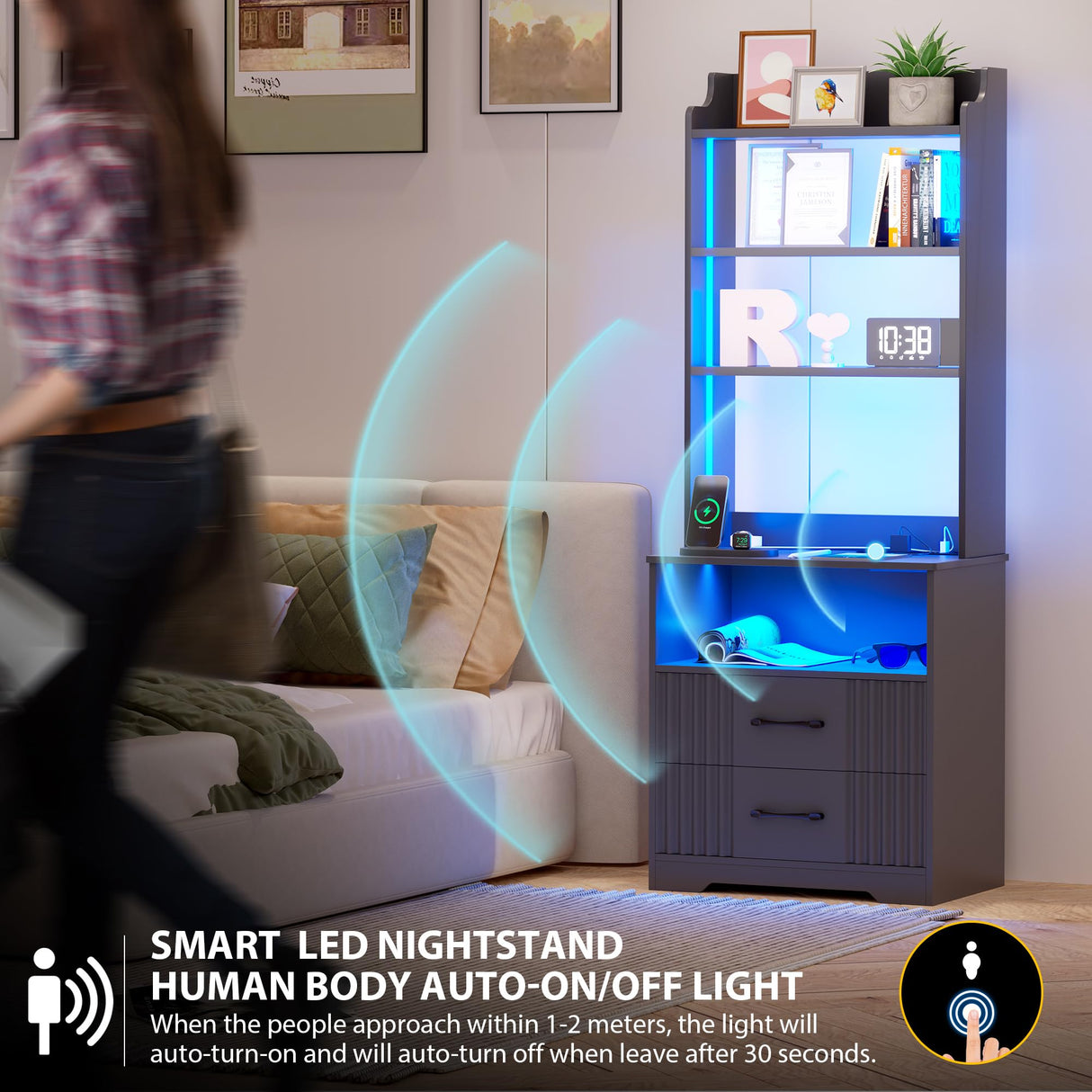 Vlsrka Smart Tall Nightstand with LED Lights and Charging Station - Modern Grey Bedside Table with Bookshelf and Storage Cabinet Vlsrka