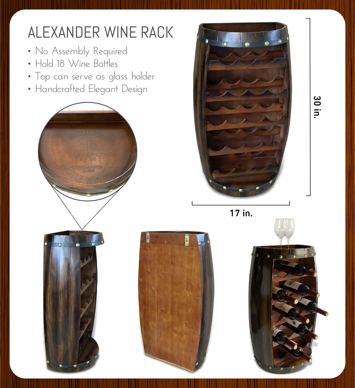 CoTa Global Alexander Mounted Wall Wine Rack - 18 Wine Bottles Wooden Barrel Wine Rack, Hanging or Freestanding Floor Wine Holder, Liquor Bar CoTa Global
