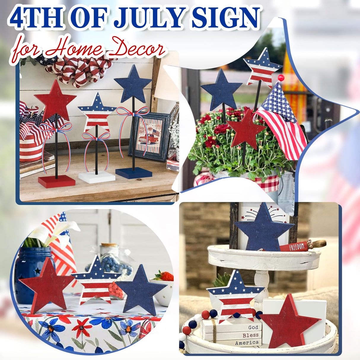 4th of July Tiered Tray Decor Wooden Star Set, 3 Pcs Memorial Day Table Decorations, Rustic Patriotic Tabletop Home Decor, Red White and Blue Decorations for Home (Retro) Hedeey
