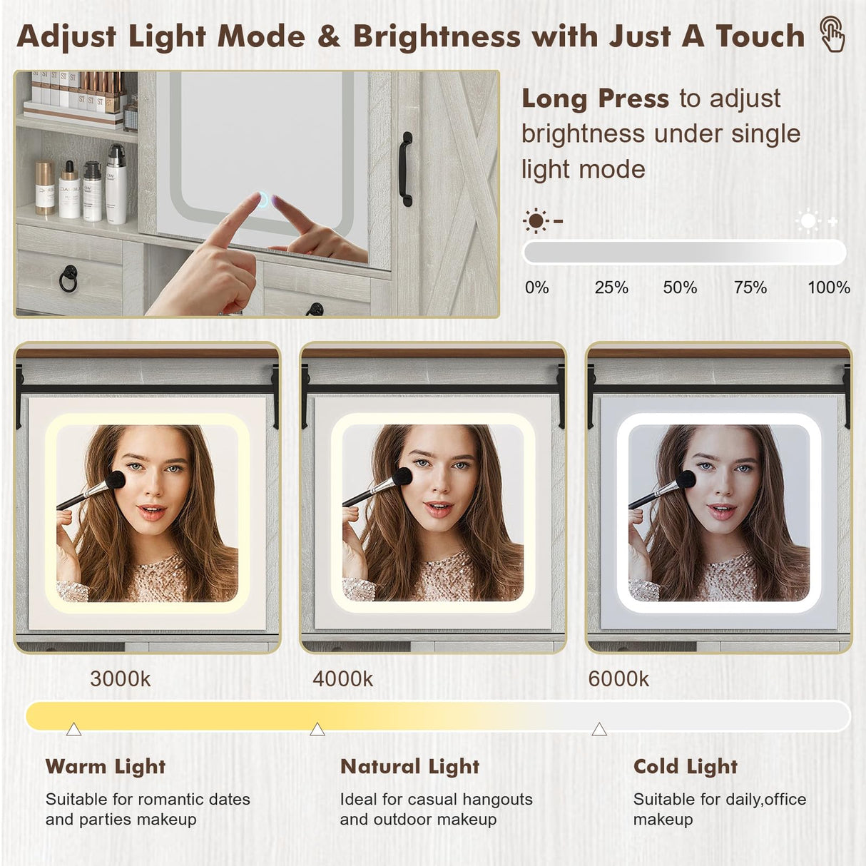 GlouMod Farmhouse Makeup Vanity Desk with Sliding Mirror and Lights, 42" Glass Top Vanity Table with Charging Station & 4 Drawers & 2 Cabinets, Vintage Vanity Set for Bedroom, Stool Included, White GlouMod